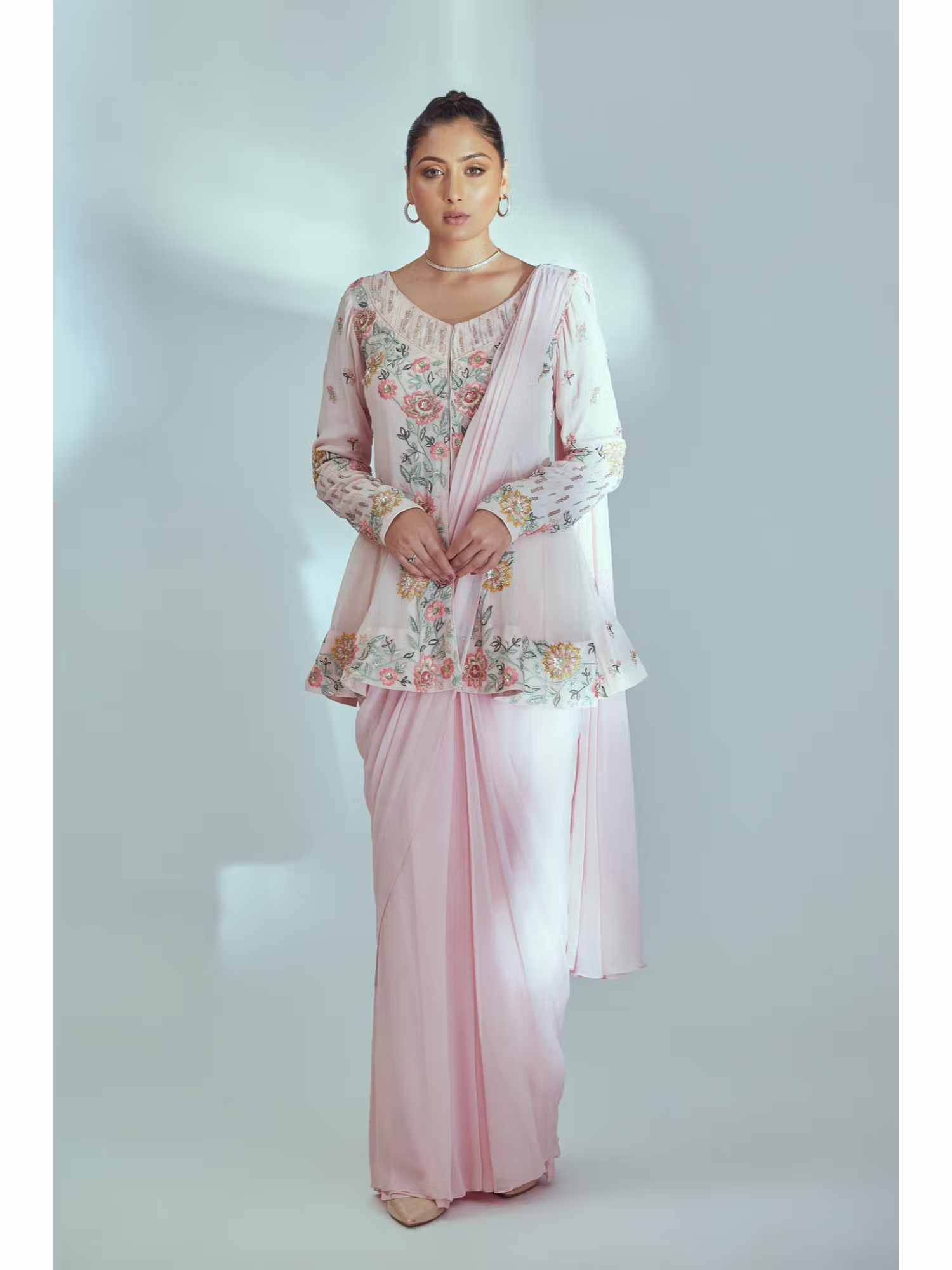 Pink Embellished Pre Drape Saree with Bustier and Blouse Jacket with Stitched