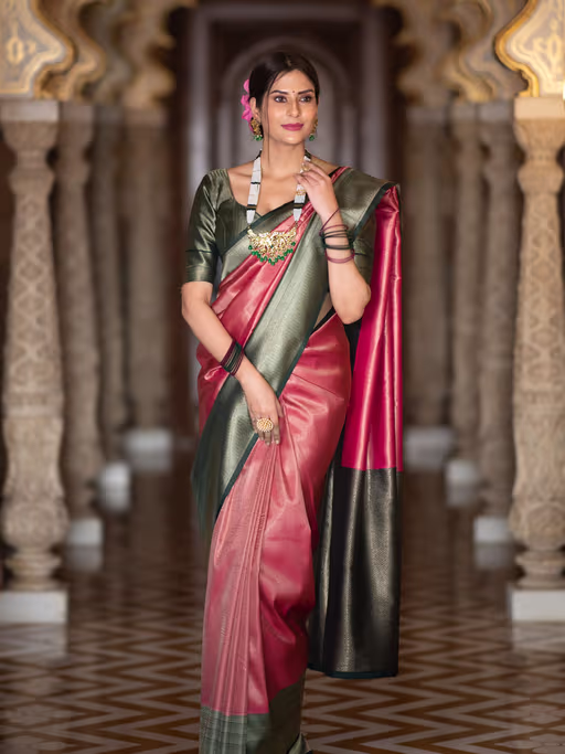 Pink Kanchipuram Silk Saree with Unstitched Blouse
