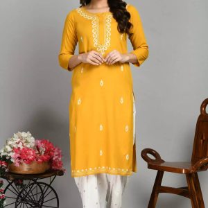 Mustard Colored Pashmina Work Kurti